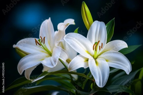 Lilies, under the moonlight, glowing softly create a magical and serene atmosphere