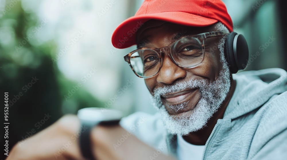An elderly individual wearing a red cap, immersed in music through headphones and attentively checking the time on their wristwatch, blending modernity and timelessness. An elderly individual wearing a red cap, immersed in music through headphones and attentively checking the time on their wristwatch, blending modernity and timelessness.