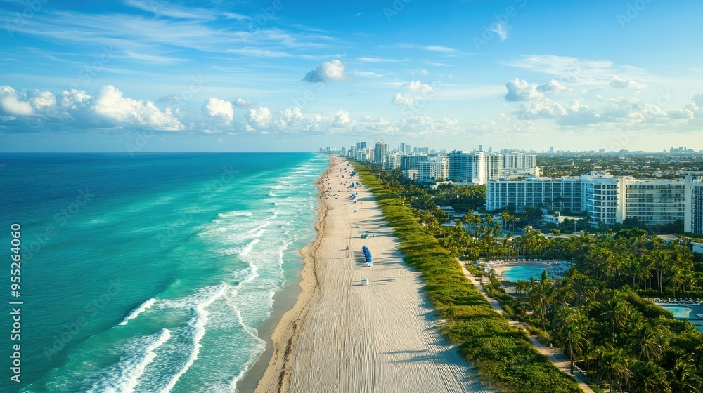 Obraz premium High-altitude view of Miami Beach's famous hotels, including The Setai, lined along the coastline with palm trees and blue ocean waves, capturing the essence of South Beach
