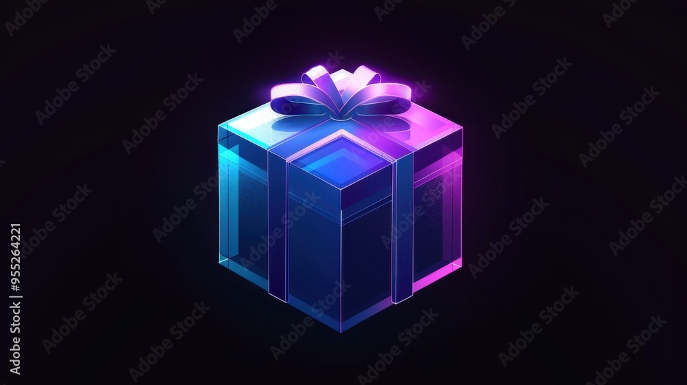 Stylized representation of a gift box with a bow, illuminated by a purple and blue glow, set against a dark background Stylized representation of a gift box with a bow, illuminated by a purple and blue glow, set against a dark background