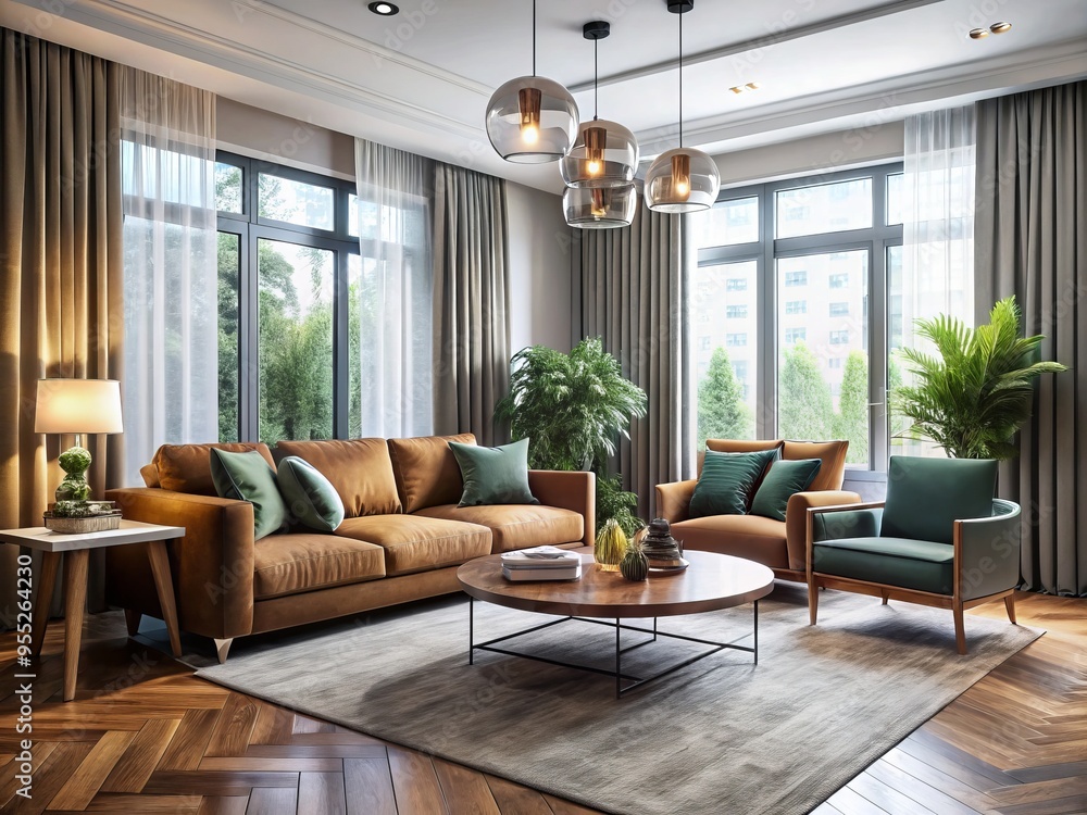 In this serene space, modern furniture pieces surround a comfortable couch and armchairs, gathering around a minimalist In this serene space, modern furniture pieces surround a comfortable couch and armchairs, gathering around a minimalist