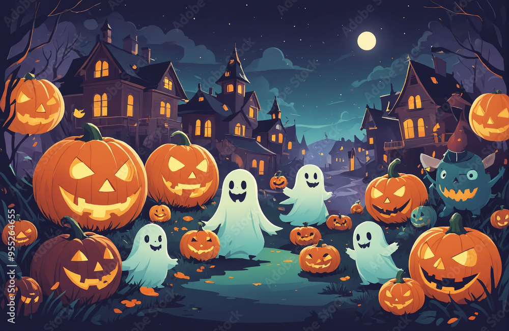 Fototapeta premium cute halloween festival illustration pattern background cartoon with ghost and pumpkin