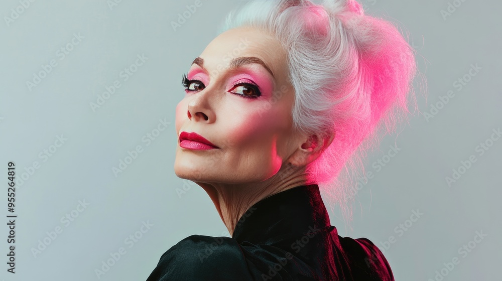 Portrait of a stylish older woman with pink makeup and an artistic hairstyle, challenging traditional views on aging and beauty Portrait of a stylish older woman with pink makeup and an artistic hairstyle, challenging traditional views on aging and beauty