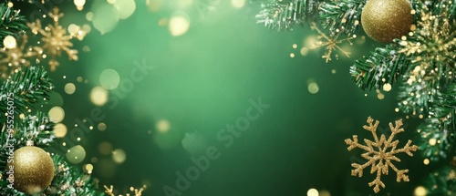 green christmas background with snowflakes and gold sequins
