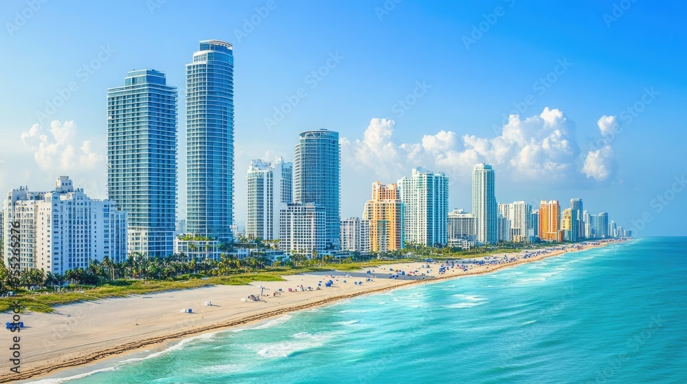 Naklejka premium Miami Beach skyline featuring The Setai and other prominent hotels near South Beach, showcasing luxury living, ocean views, and a bustling coastal cityscape on a summer day