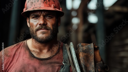 A weary industrial worker with a hard hat and facial hair, dressed in dirty work clothes and carrying equipment, stands in a gritty industrial environment, representing hard labor and determination. photo