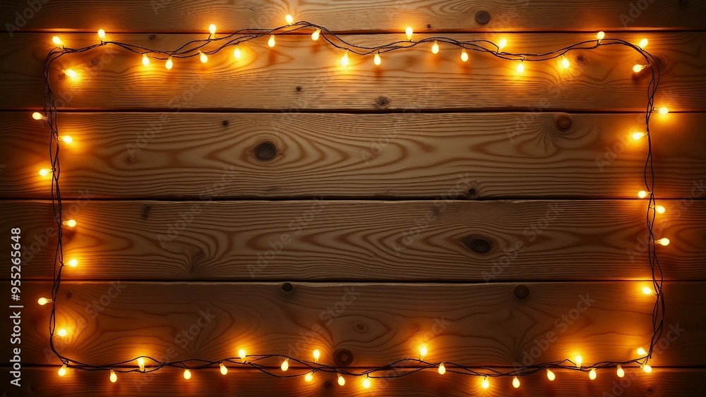 Warm wooden background with glowing string lights Warm wooden background with glowing string lights