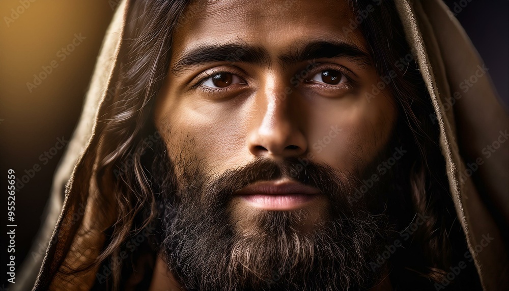 a realistic close-up portrait of Jesus Christ with detailed features. a realistic close-up portrait of Jesus Christ with detailed features.