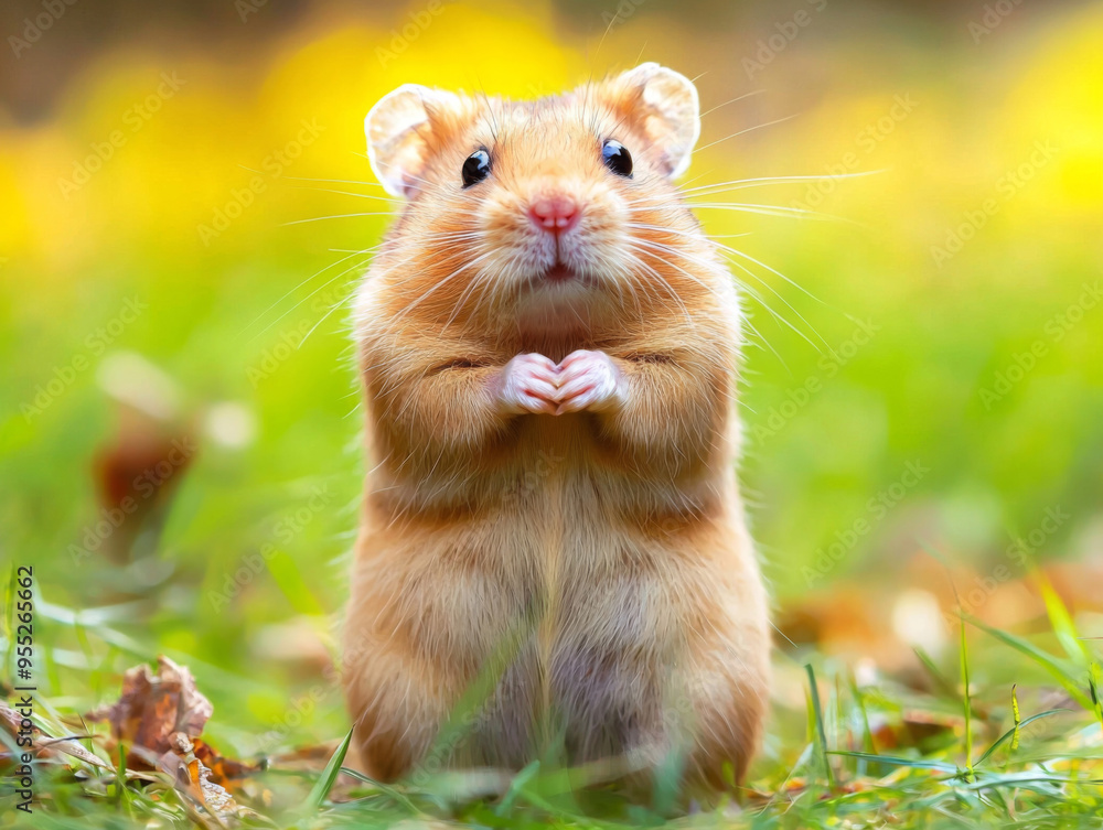 A small brown hamster is standing in the grass with its paws raised A small brown hamster is standing in the grass with its paws raised