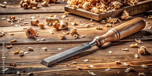 A beautifully crafted wood chisel placed on rustic timber, surrounded by wood shavings, showcasing detailed craftsmanship.