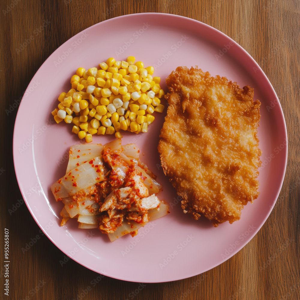 Chicken, Kimchi, Corn Plate. Chicken, Kimchi, Corn Plate.