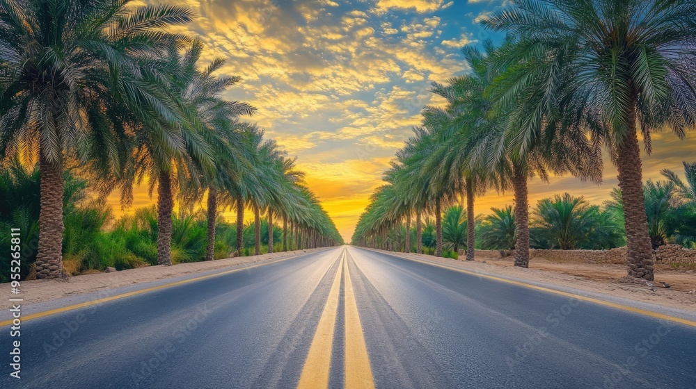 Palm date trees lining both sides of a road, with their shadows cast on the asphalt and a vibrant sky above, creating a picturesque roadside scene Palm date trees lining both sides of a road, with their shadows cast on the asphalt and a vibrant sky above, creating a picturesque roadside scene