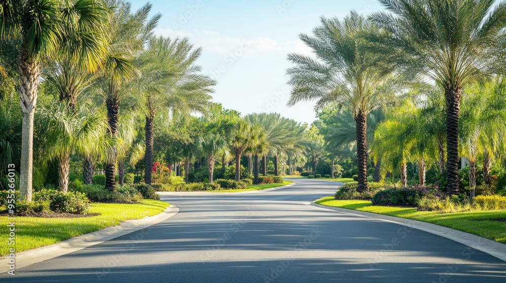 Palm trees planted along a landscaped road, their leaves swaying gently in the breeze, with a clear sky and a well-maintained asphalt surface in view Palm trees planted along a landscaped road, their leaves swaying gently in the breeze, with a clear sky and a well-maintained asphalt surface in view