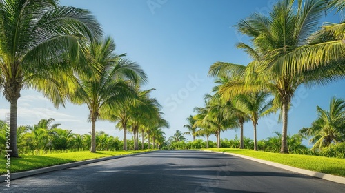 Palm trees planted along a landscaped road, their leaves swaying gently in the breeze, with a clear sky and a well-maintained asphalt surface in view