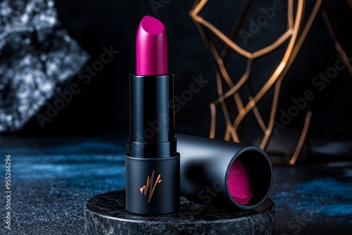 Viva Magenta lipstick in a sleek tube, captured in a photo where a sleek tube of magenta lipstick is opened, revealing the vibrant shade inside, ready to add a bold touch to any makeup look photo