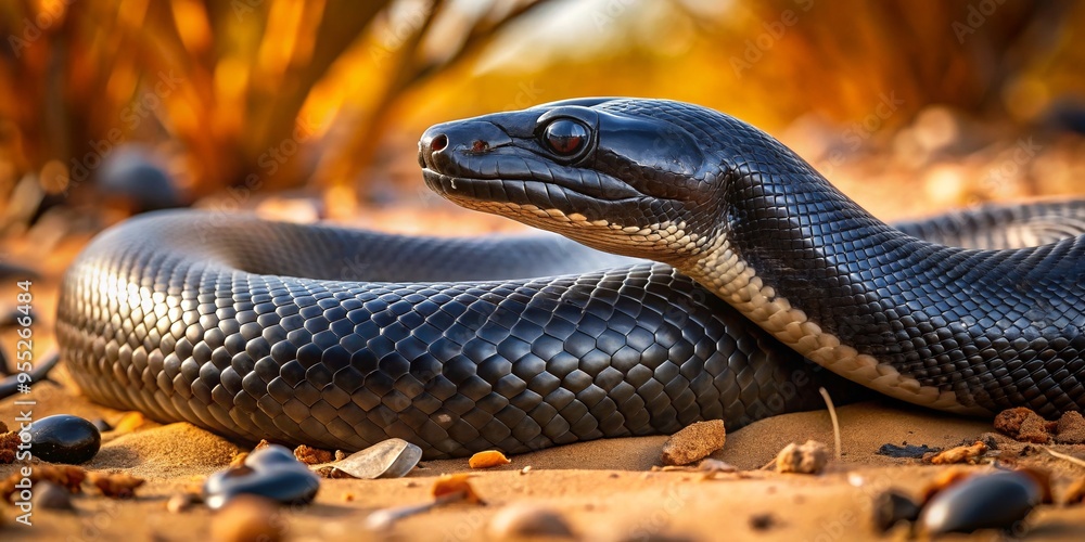 A close-up view of a black snake resting on the sandy ground, showcasing its intricate scales in a vibrant natural setting. A close-up view of a black snake resting on the sandy ground, showcasing its intricate scales in a vibrant natural setting.