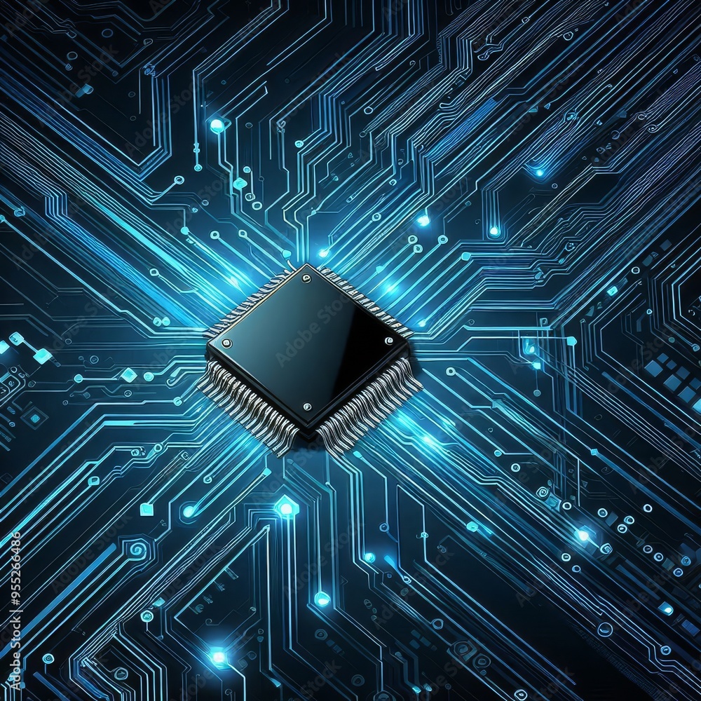 Thin circuit trace lines in blue on a dark technology background. Abstract digital tech bg. Electronics and computer technology concept. Chip and circuit board. Vector illustration. Chip connectors
Thin circuit trace lines in blue on a dark technology background. Abstract digital tech bg. Electronics and computer technology concept. Chip and circuit board. Vector illustration. Chip connectors