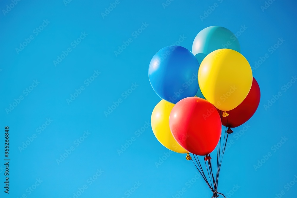 Colorful balloons soaring against clear blue sky