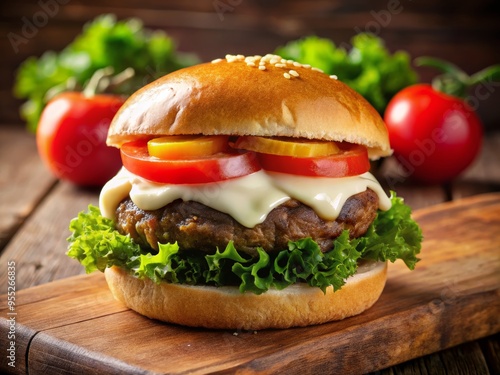 A delicious hamburger with fresh lettuce, ripe tomatoes, and creamy mayonnaise, served on a toasted sesame seed bun. photo