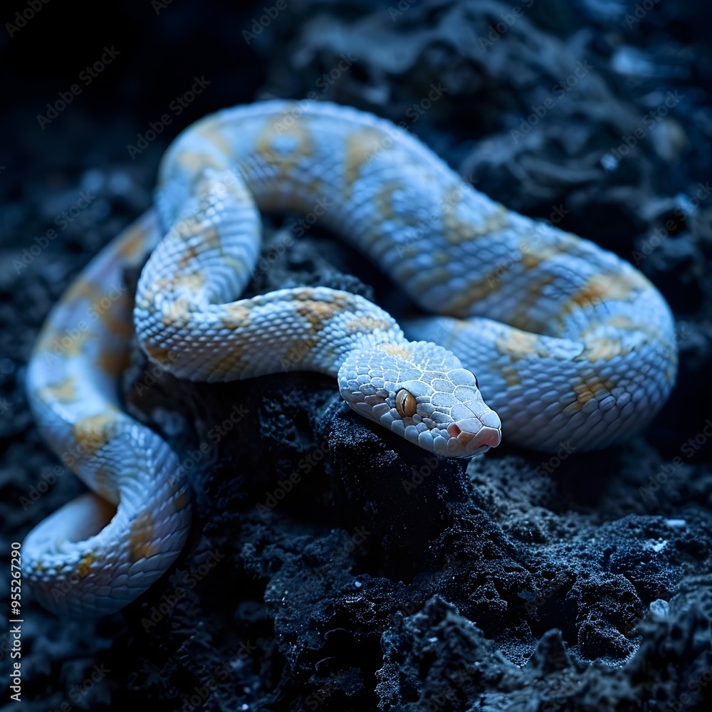 Fototapeta premium Albino Snake Slithering Over Dark Rocky Terrain in High Contrast Monochrome