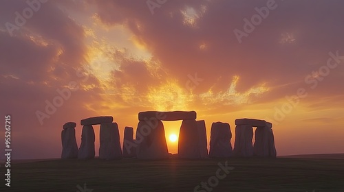 Serene sunset view of Stonehenge with the ancient stones silhouetted against a glowing sky, reflecting the peaceful and timeless beauty of this iconic site