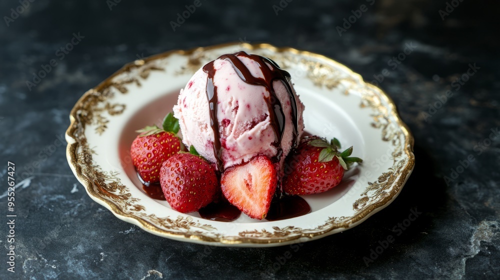 Strawberry ice cream with chocolate sauce and fresh strawberries on a vintage plate. Strawberry ice cream with chocolate sauce and fresh strawberries on a vintage plate.