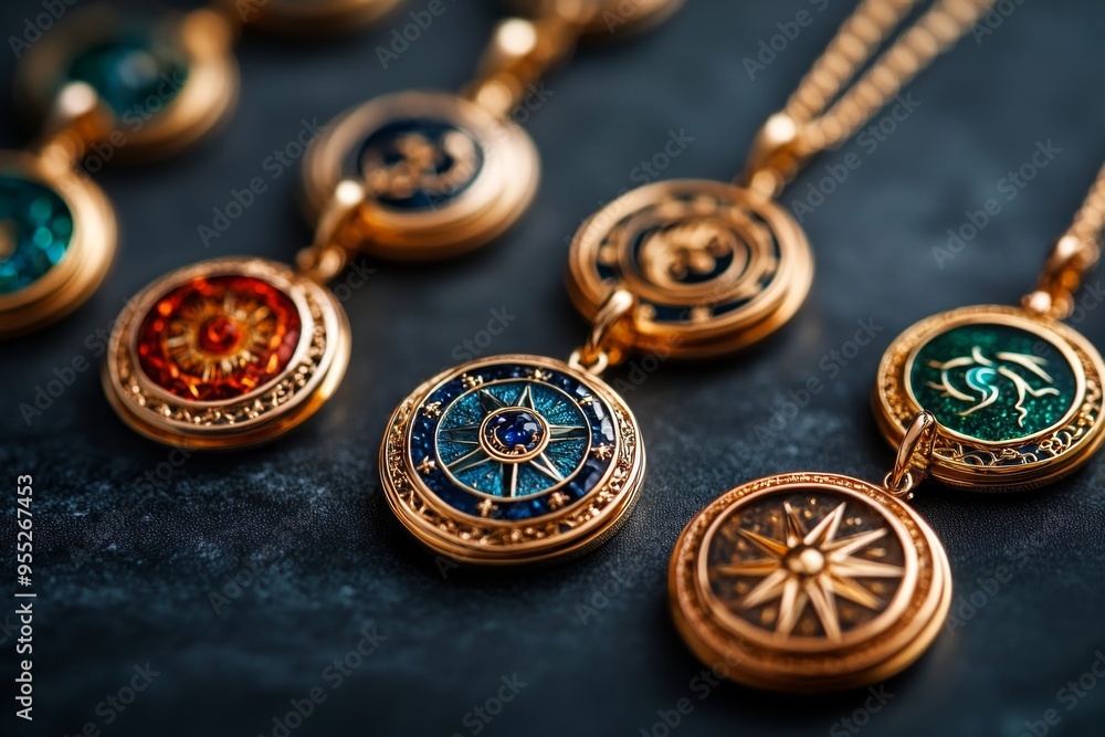Zodiac signs as celestial jewelry, captured in a photo where each zodiac sign is depicted as a piece of jewelry, such as necklaces, rings, or bracelets, adorned with gemstones and symbols related Zodiac signs as celestial jewelry, captured in a photo where each zodiac sign is depicted as a piece of jewelry, such as necklaces, rings, or bracelets, adorned with gemstones and symbols related