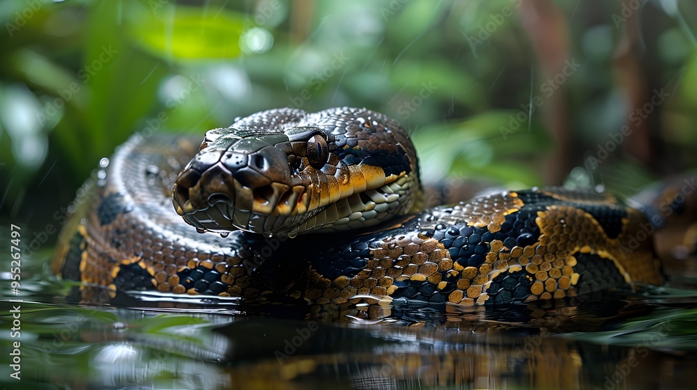 Massive Anaconda Emerging from a Tropical River with Detailed Water Droplets on Its Scales Massive Anaconda Emerging from a Tropical River with Detailed Water Droplets on Its Scales