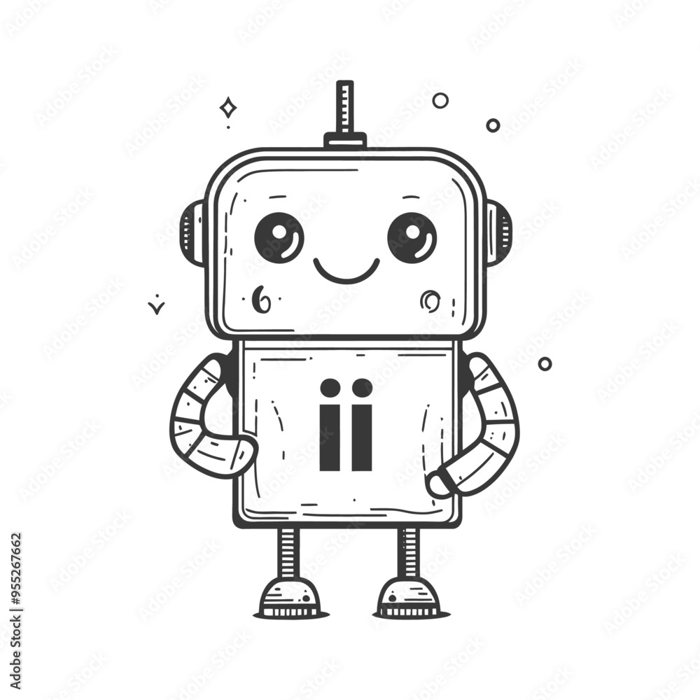 Hand Drawn Illustration of a Cute Robot with Big Eyes and a Smile Hand Drawn Illustration of a Cute Robot with Big Eyes and a Smile