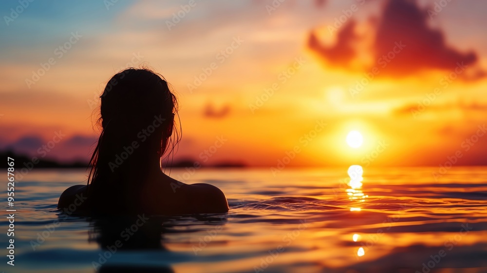 A serene sunset view over calm waters with a silhouette of a person, evoking peace and tranquility in nature's beauty. A serene sunset view over calm waters with a silhouette of a person, evoking peace and tranquility in nature's beauty.