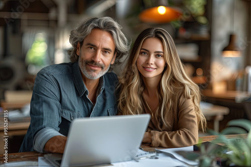 Happy married couple, a man and a woman, are sitting at a table with a laptop in front of them. They are smiling and seem to be enjoying their time together running their business.