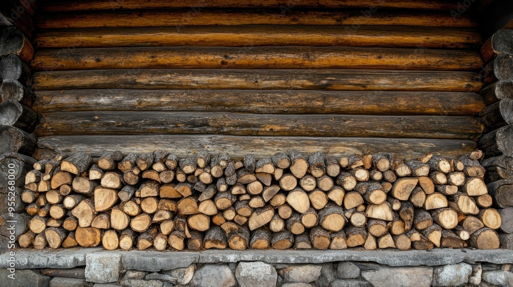Stacks of firewood arranged in a symmetrical pattern outside a wooden cabin, with the texture of the logs contrasting against the rough wooden walls Stacks of firewood arranged in a symmetrical pattern outside a wooden cabin, with the texture of the logs contrasting against the rough wooden walls