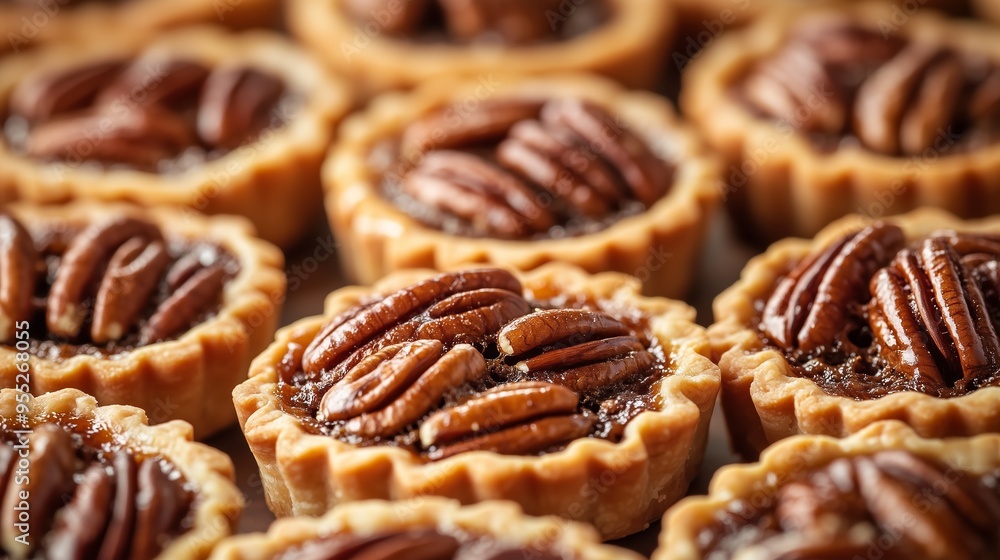 Delicious pecan tarts freshly baked and ready to serve on a rustic wooden table during a sunny afternoon gathering Delicious pecan tarts freshly baked and ready to serve on a rustic wooden table during a sunny afternoon gathering