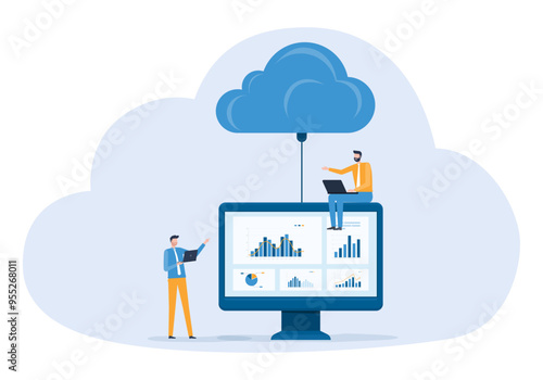 business technology cloud computing service concept and datacenter storage server connect on cloud with administrator and developer team working concept

