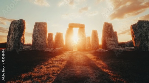 Stonehenge at golden hour, with the sun setting directly behind the stones, creating a mystical and enchanting scene with a glowing sky and long shadows