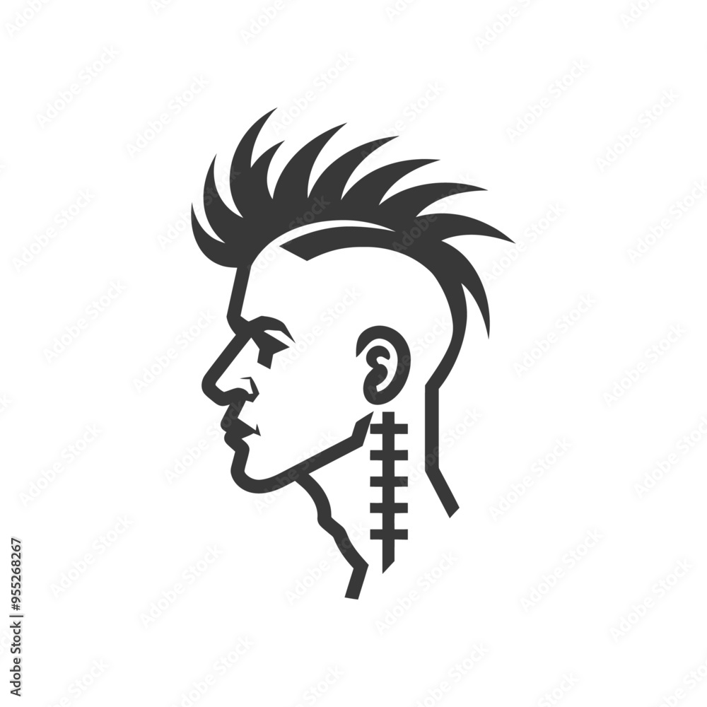 Black and white line art illustration of a man with a mohawk and a scar on his neck Black and white line art illustration of a man with a mohawk and a scar on his neck