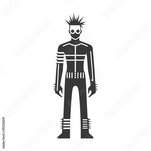 A silhouette of a punk rock character with spiked hair a studded belt and gloves