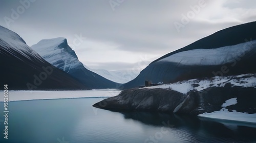 steep cliffs tower frozen lake frozen shore ice fjords winter river background photo