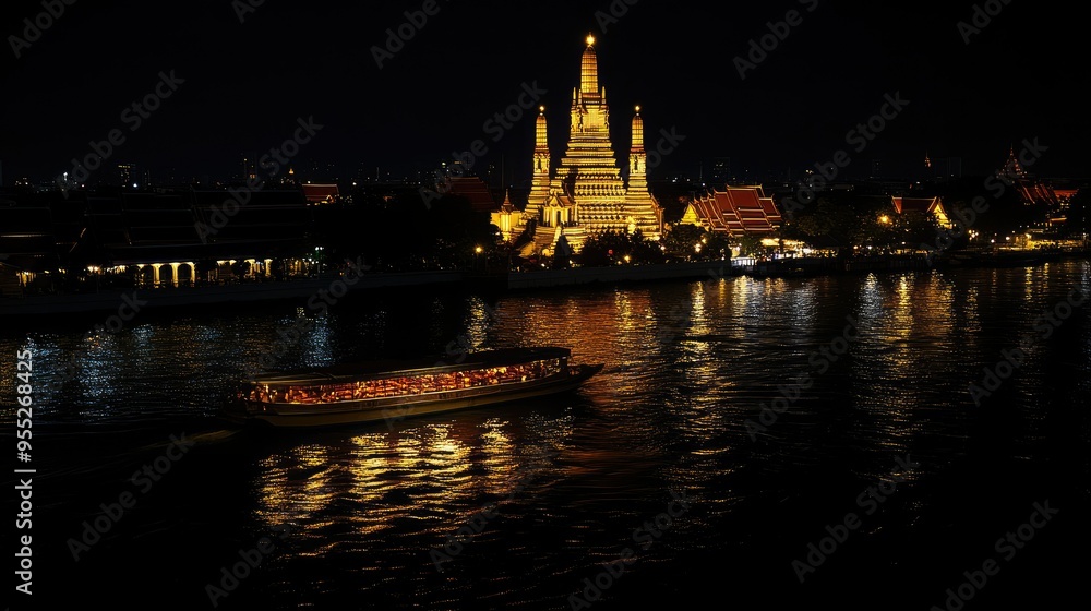 Tourist boats floating near Wat Arun at night, the temple's glowing facade mirrored in the river, capturing the lively yet serene atmosphere of Bangkok evenings Tourist boats floating near Wat Arun at night, the temple's glowing facade mirrored in the river, capturing the lively yet serene atmosphere of Bangkok evenings
