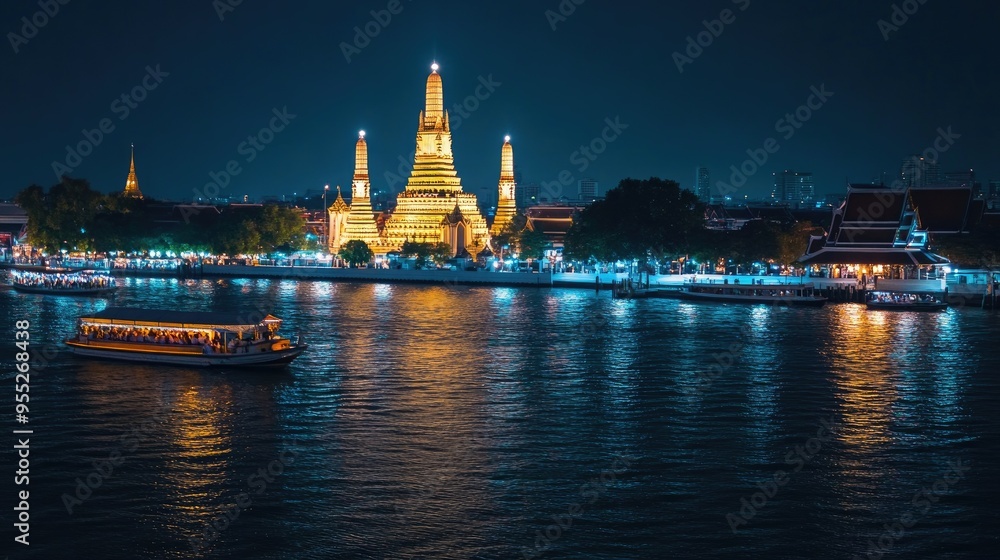 Tourist boats floating near Wat Arun at night, the temple's glowing facade mirrored in the river, capturing the lively yet serene atmosphere of Bangkok evenings Tourist boats floating near Wat Arun at night, the temple's glowing facade mirrored in the river, capturing the lively yet serene atmosphere of Bangkok evenings