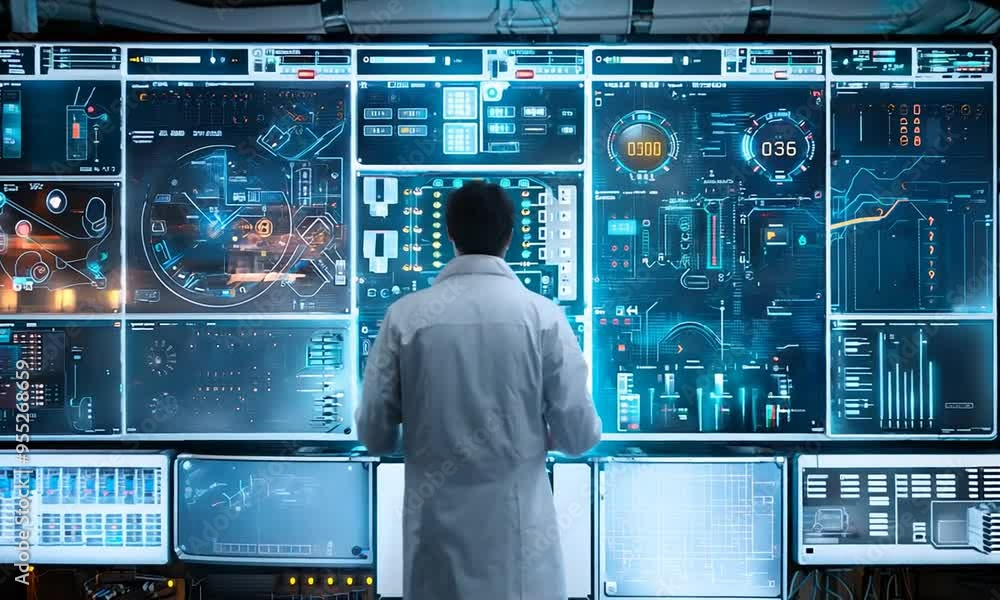 Man Monitoring Screens in a Futuristic Control Room Man Monitoring Screens in a Futuristic Control Room