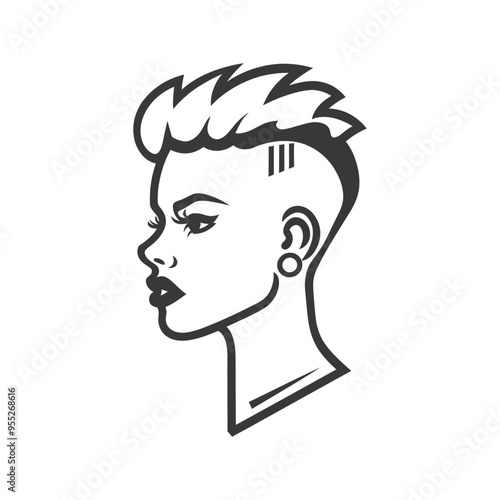Black and White Line Art Portrait of a Woman with Short Spiky Hair and an Earring