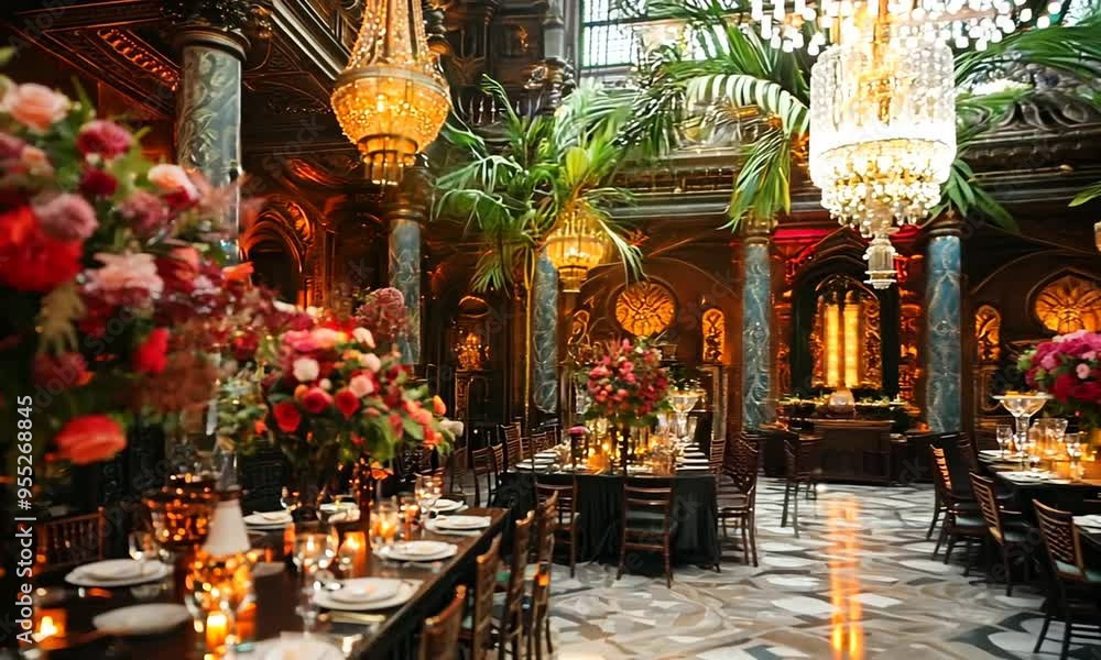 Luxury Event Venue with Chandeliers and Flowers Luxury Event Venue with Chandeliers and Flowers