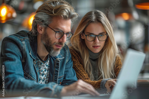 Man and a woman are looking at a laptop together, working on a project or a presentation