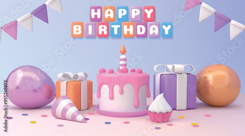 Happy birthday cake. Banner card with celebrate balloon and text, fun birth day greeting message, color confetti. 3D cute glossy render isolated element. Party horizontal poster, vector template