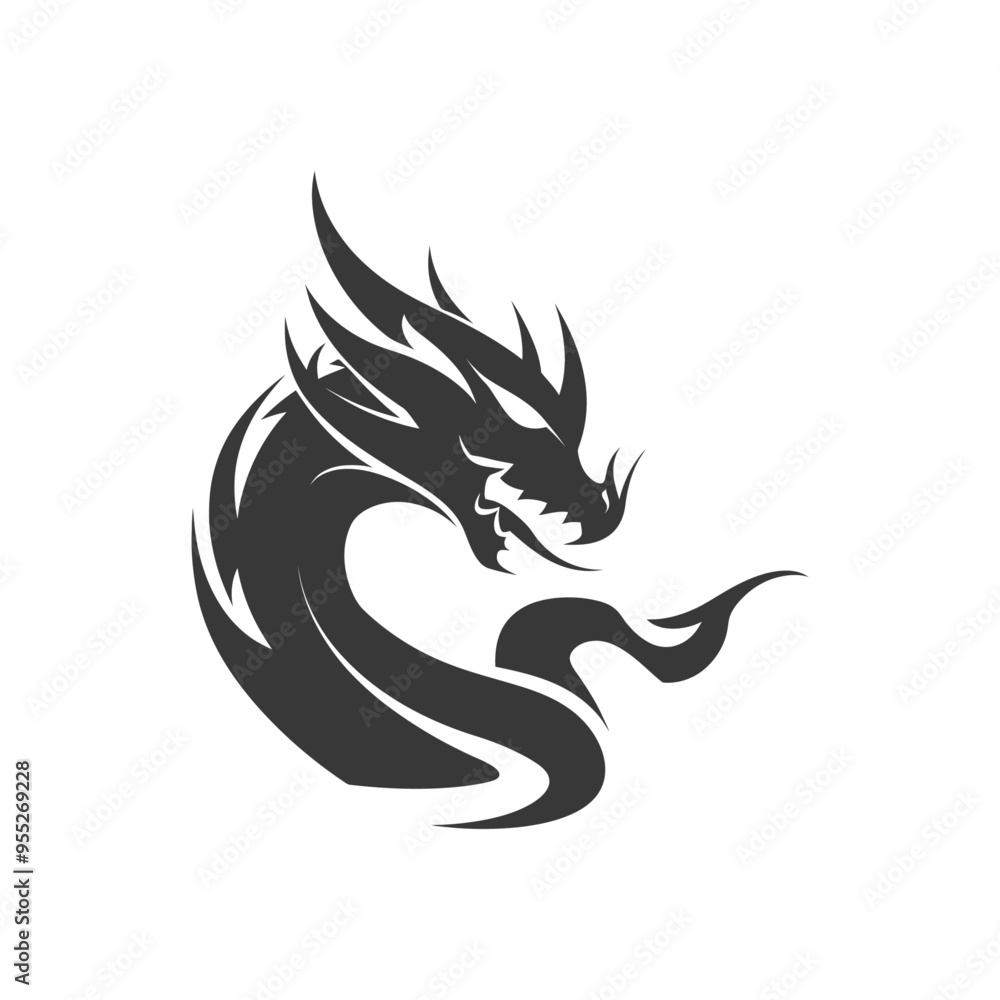 Black and White Stylized Dragon with Flame Tail Black and White Stylized Dragon with Flame Tail