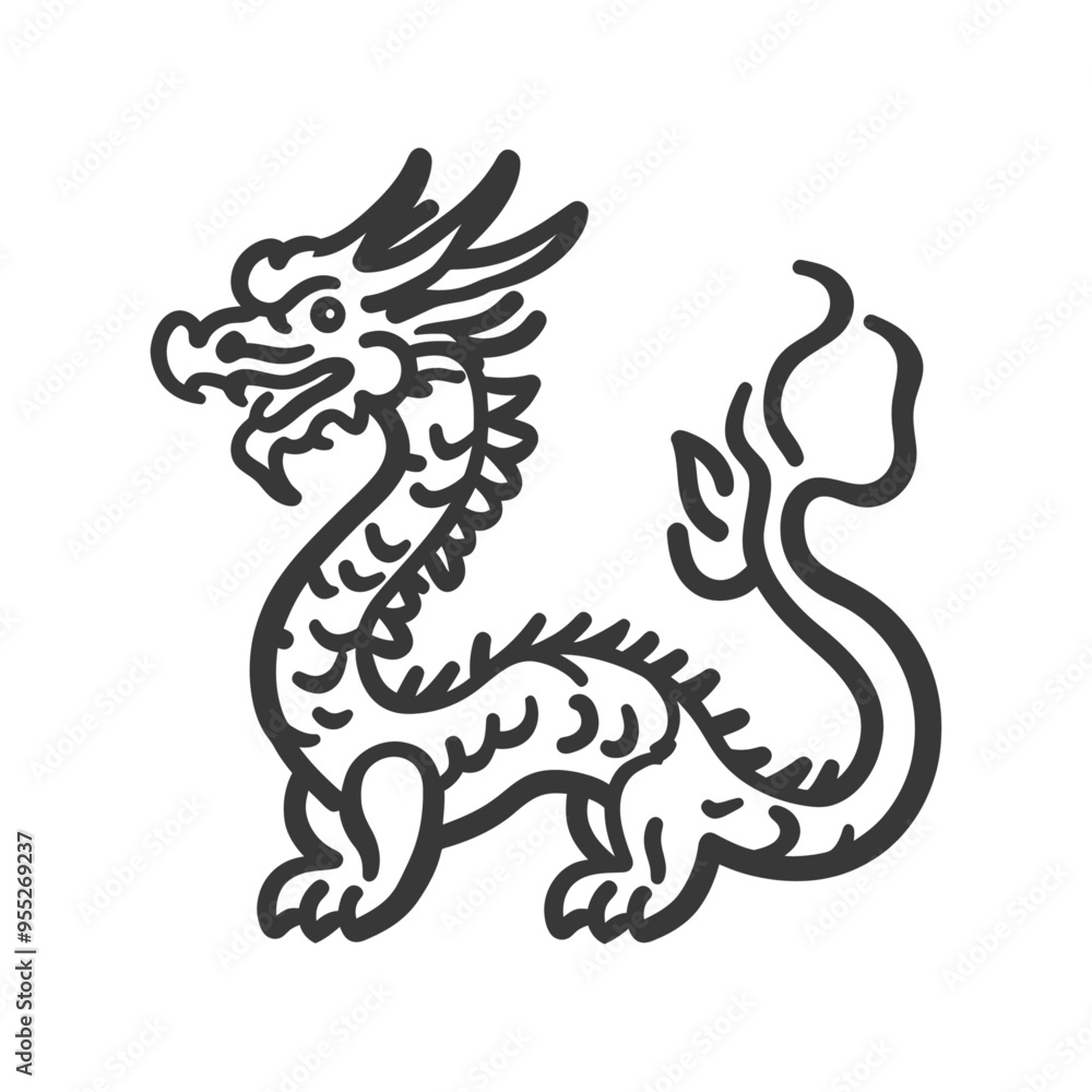 Hand drawn illustration of a black and white Chinese dragon Hand drawn illustration of a black and white Chinese dragon