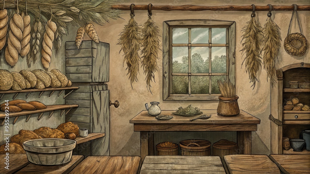 Rustic kitchen filled with hanging herbs and bread. Rustic kitchen filled with hanging herbs and bread.