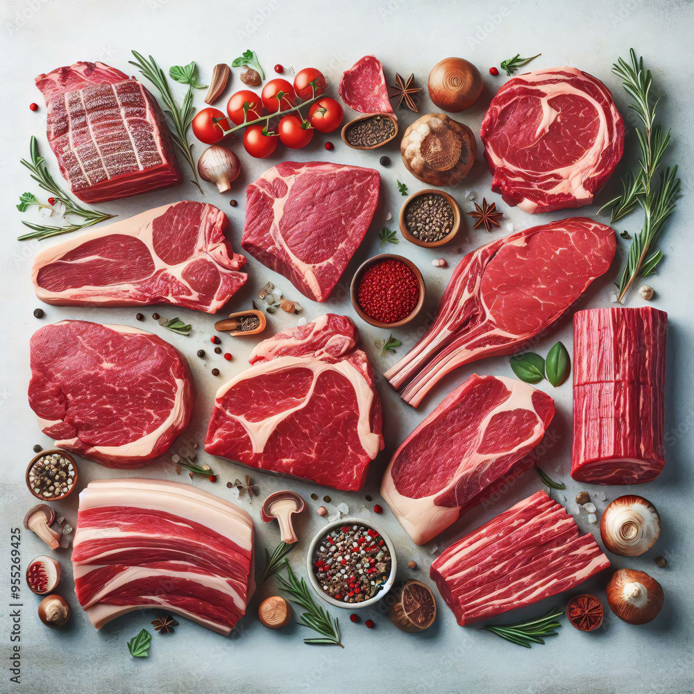 Assorted raw steaks with spices on a textured surface Assorted raw steaks with spices on a textured surface