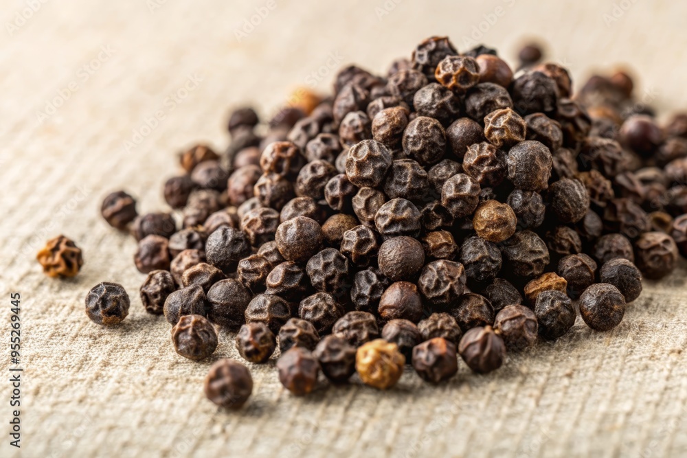 Close-up of a pile of black peppercorns on a textured surface, highlighting their rich color and unique shape. Close-up of a pile of black peppercorns on a textured surface, highlighting their rich color and unique shape.